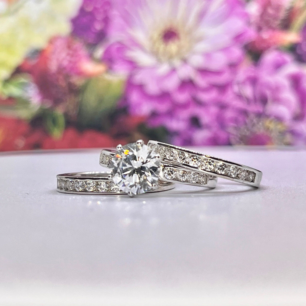 Round Cut 2 Carat Moissanite Bridal Ring Set: Sterling Silver Engagement