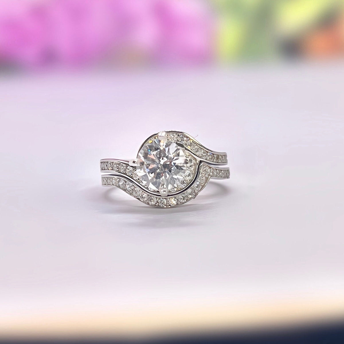Moissanite Wave Engagement Ring Set: 925 Sterling Silver Bridal Ring