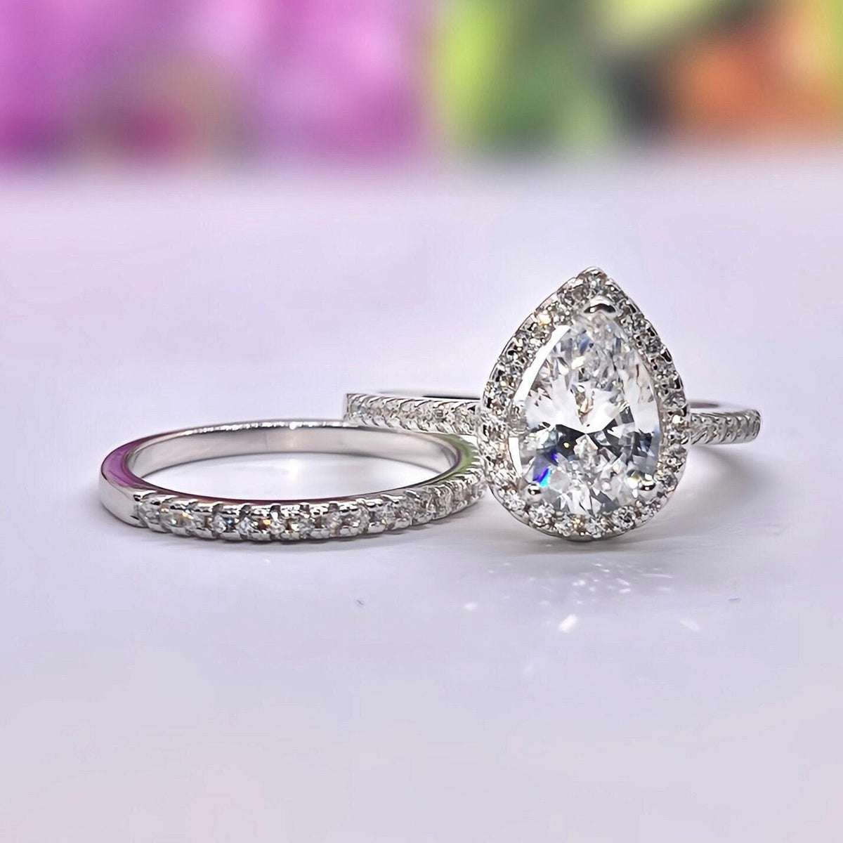 Pear Engagement Ring Set 1.5 Carat : Sterling Silver