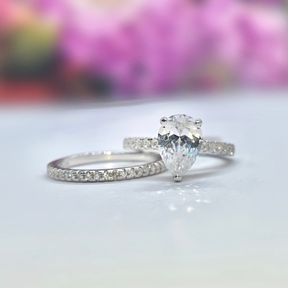 Pear Cut Engagement Ring Set Moissanite 2 Carat : 925 Sterling Silver Bridal Rings
