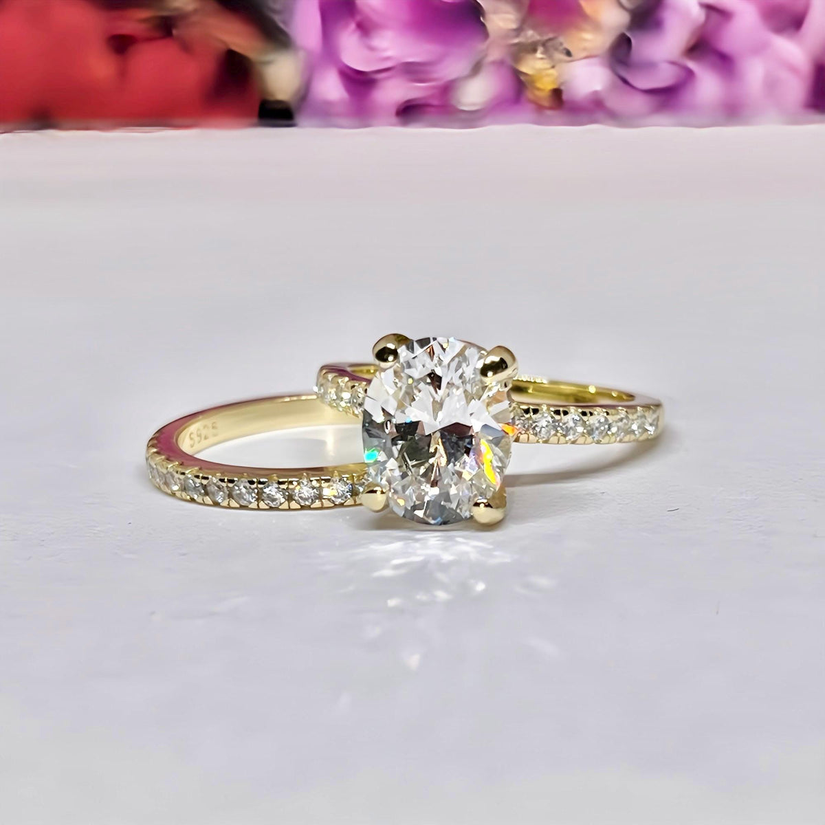 Oval Moissanite Ring Set 2 Carat : 14k Gold Plated Silver