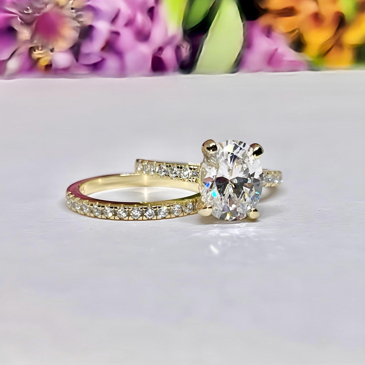 Oval Moissanite Ring Set 2 Carat : 14k Gold Plated Silver
