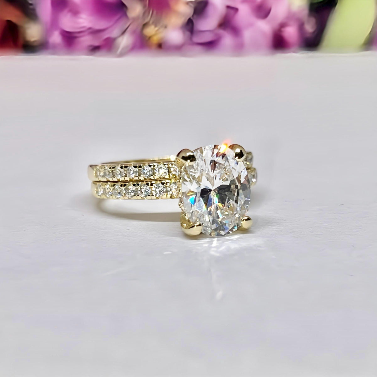 Oval Moissanite Ring Set 2 Carat : 14k Gold Plated Silver