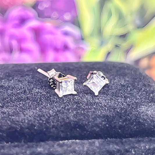 Square Cut .25 Ct Moissanite Diamond Tiny Silver Stud Earrings