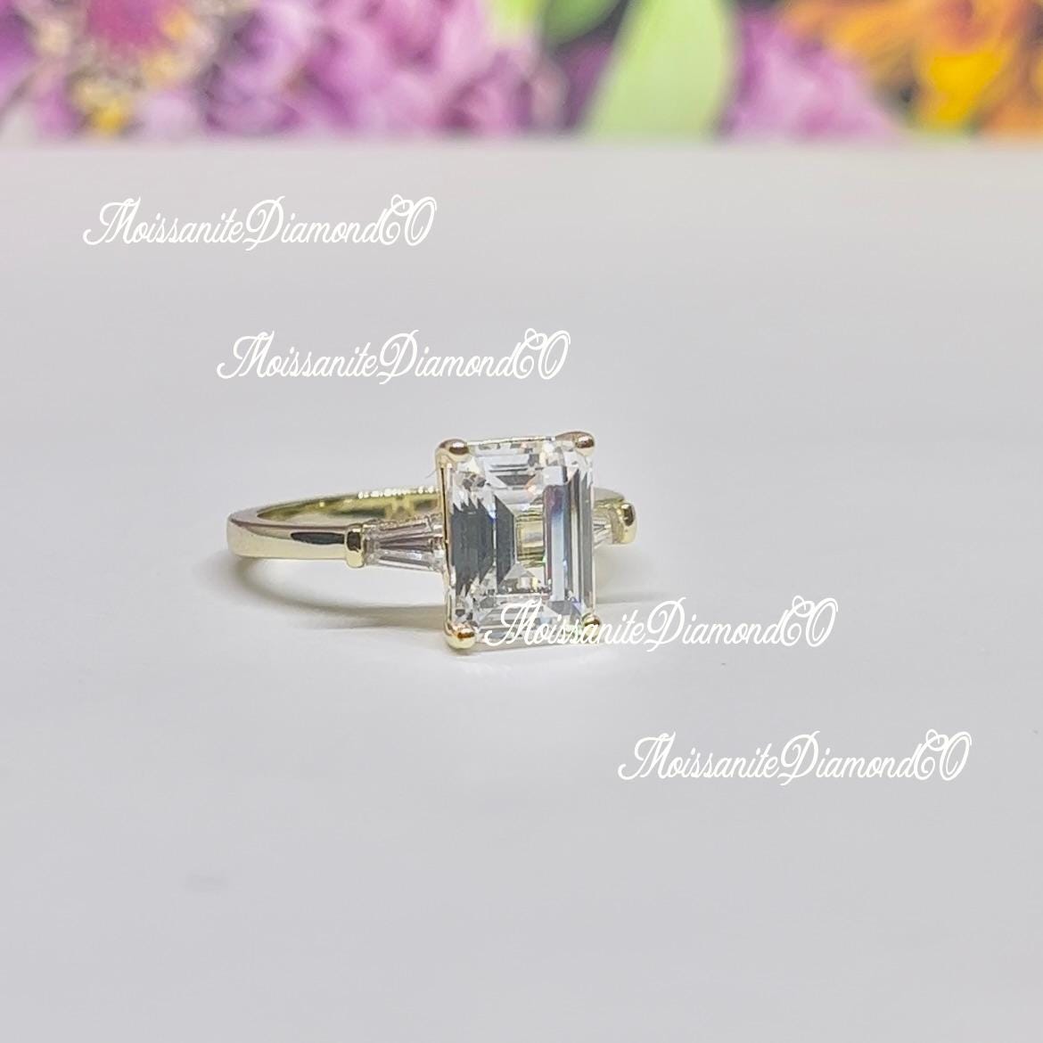 Radiant Cut 3 Carat Moissanite Diamond Three Stone Engagement Yellow Gold Over Silver Ring