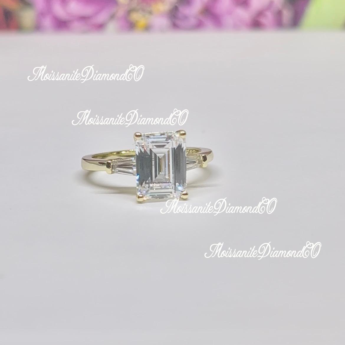 Radiant Cut 3 Carat Moissanite Diamond Three Stone Engagement Yellow Gold Over Silver Ring