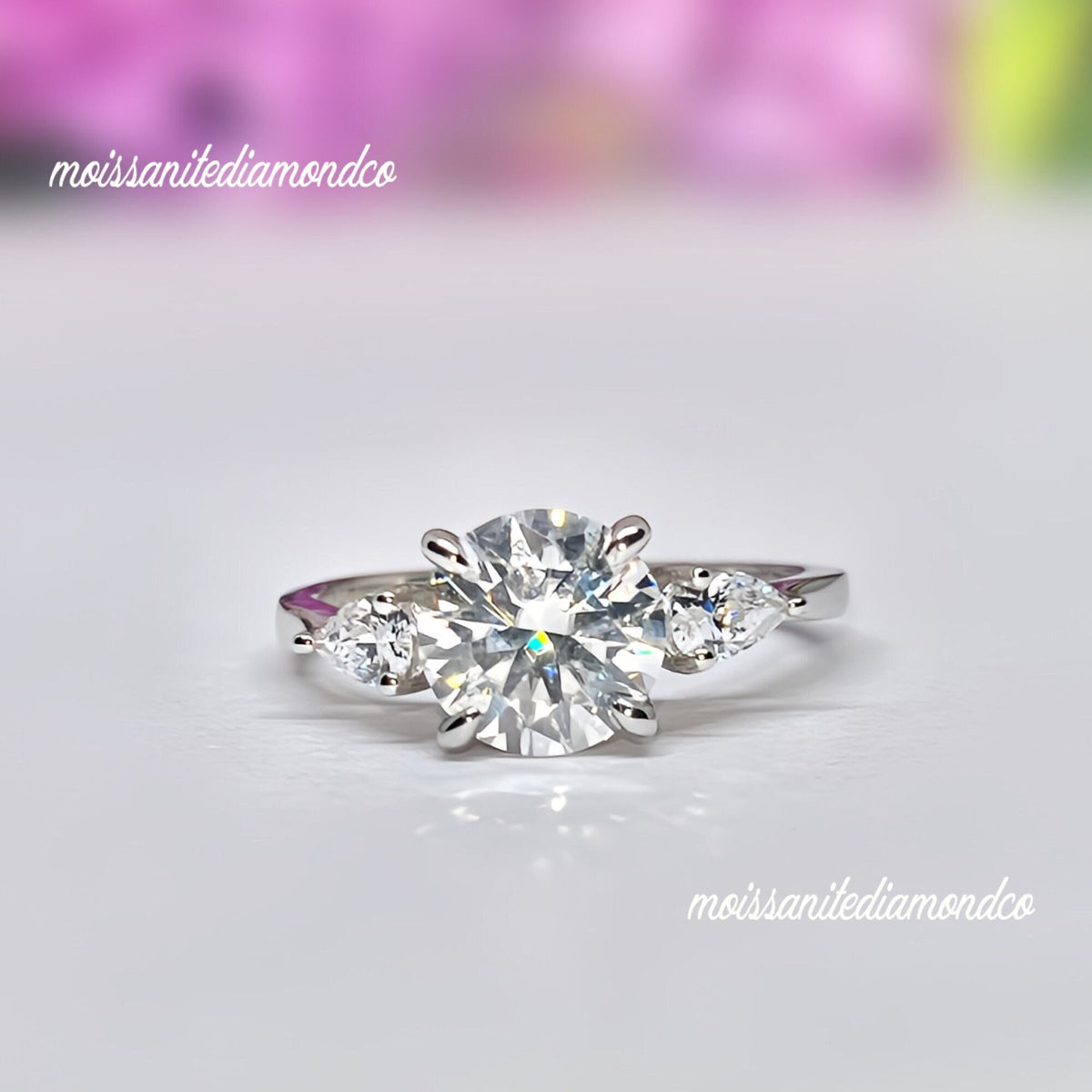 Round Cut 2 Carat Moissanite Diamond Silver Three Stone Engagement Ring