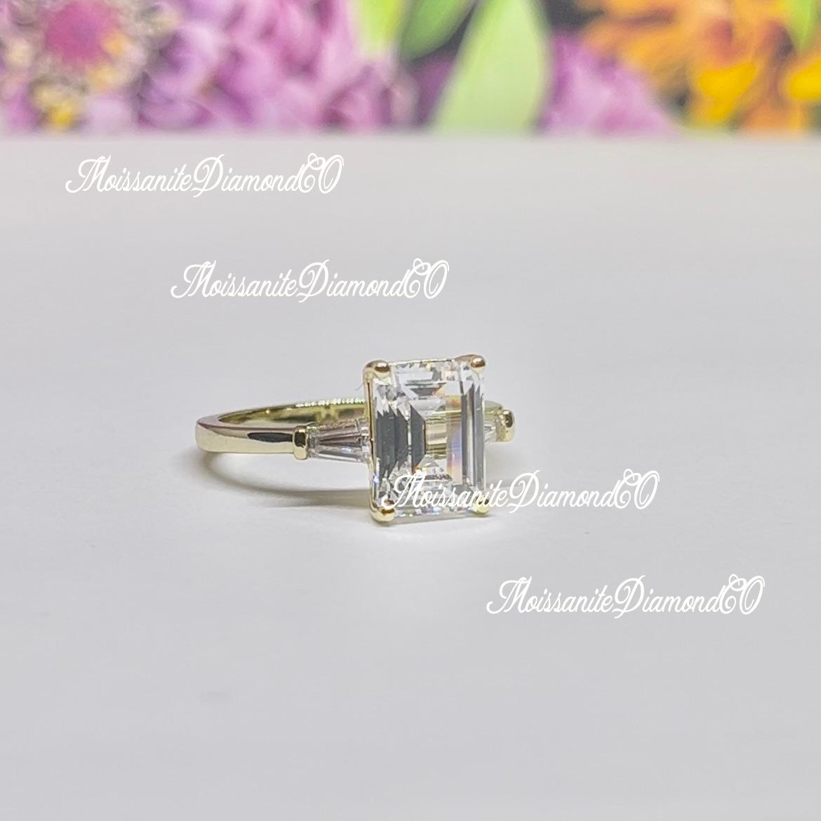 Radiant Cut 3 Carat Moissanite Diamond Three Stone Engagement Yellow Gold Over Silver Ring