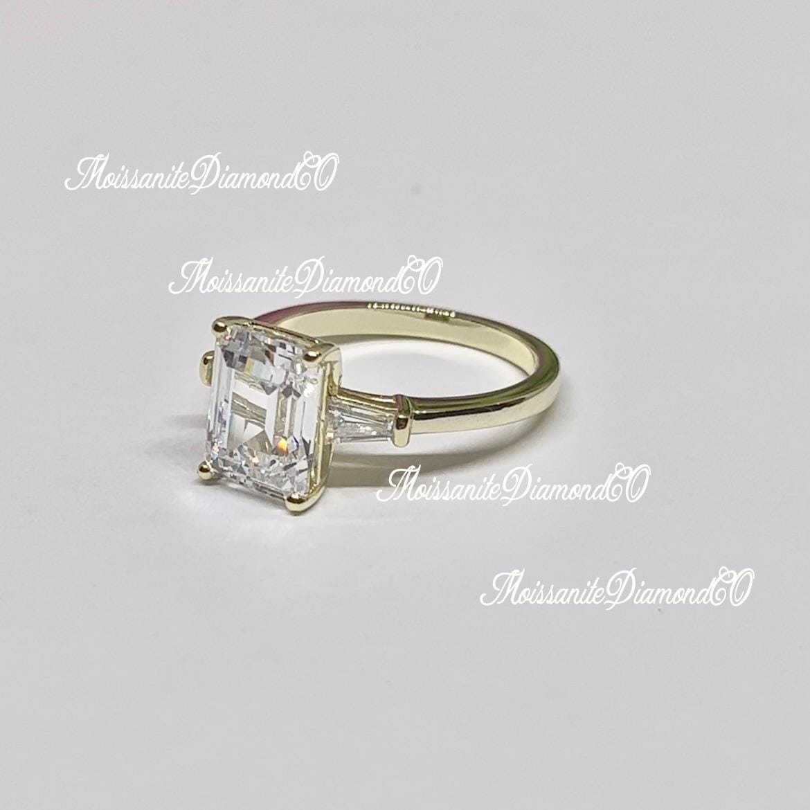 Radiant Cut 3 Carat Moissanite Diamond Three Stone Engagement Yellow Gold Over Silver Ring