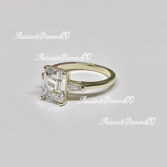 Radiant Cut 3 Carat Moissanite Diamond Three Stone Engagement Yellow Gold Over Silver Ring
