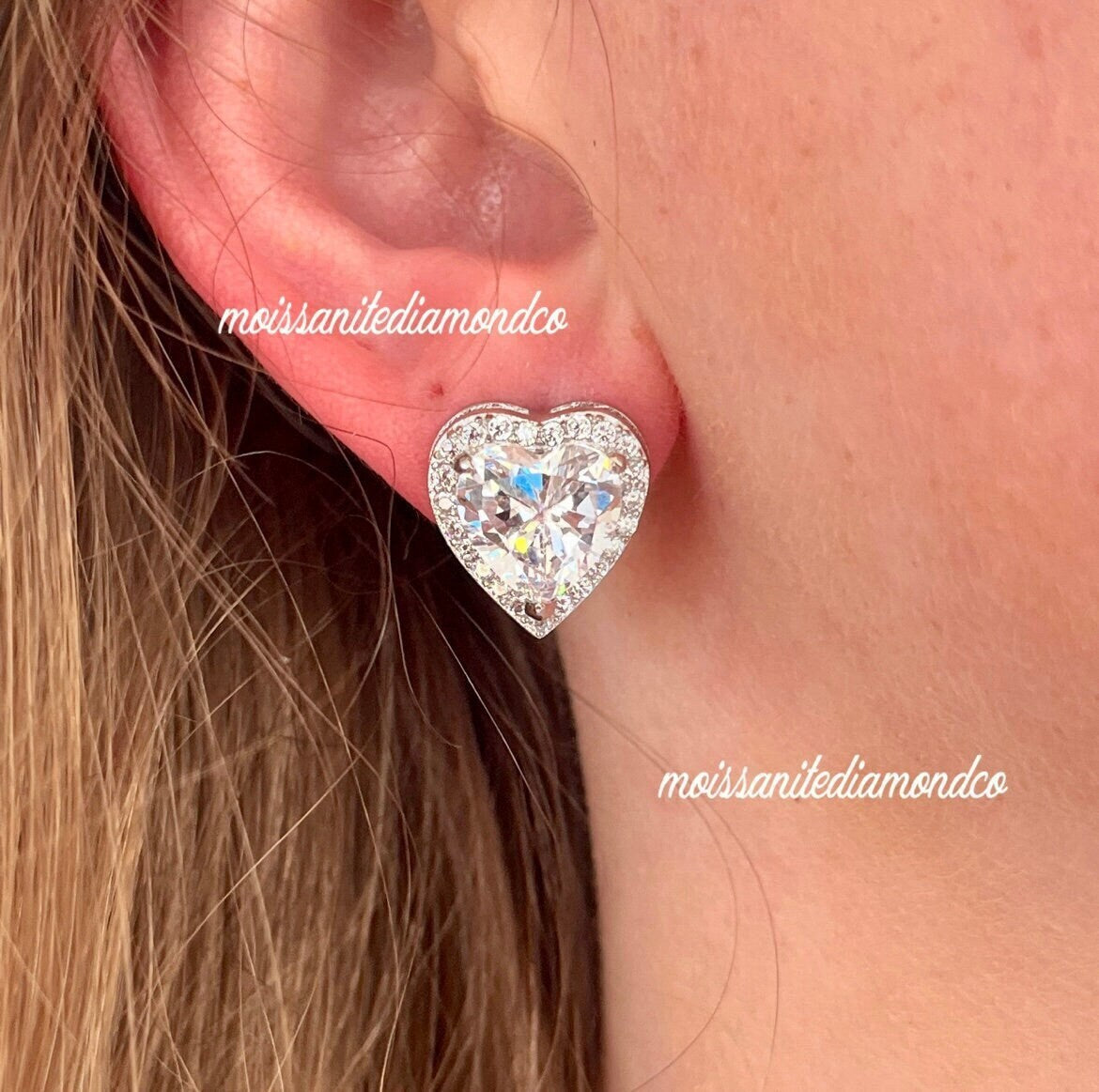 3 Carat Heart Moissanite Stud Earrings: 925 Sterling Silver