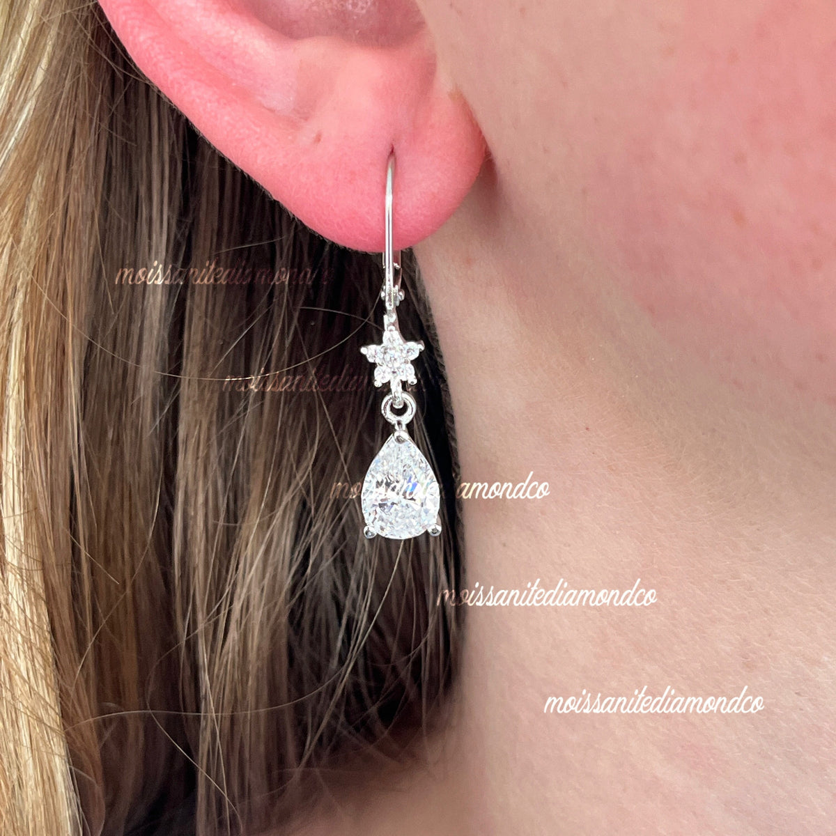 Pear Moissanite Earrings Dangle Drop : 925 Sterling Silver