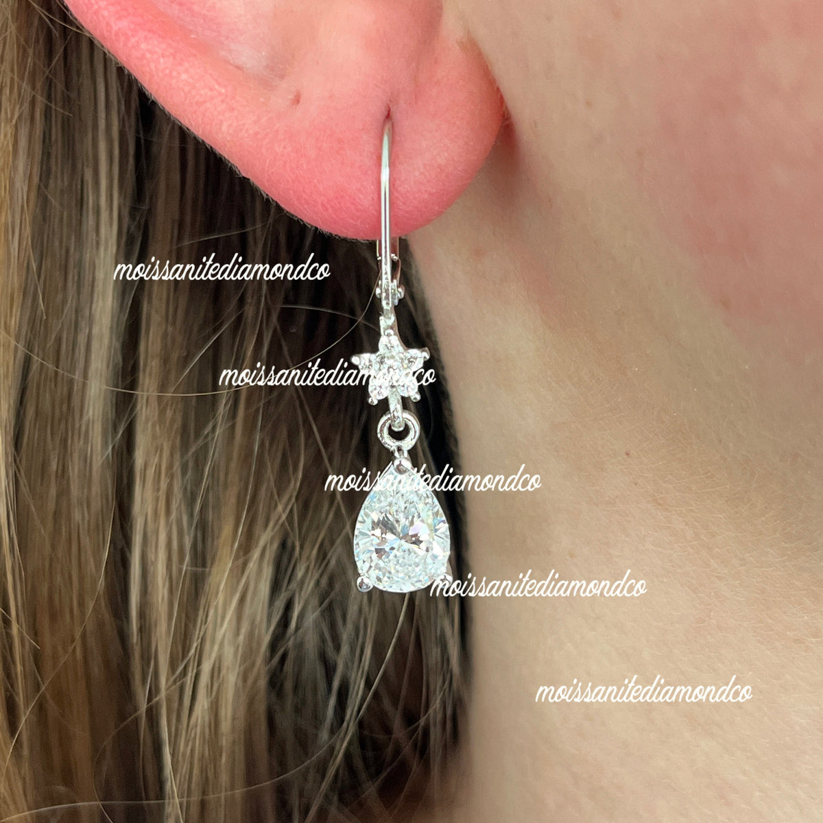 Pear Moissanite Earrings Dangle Drop : 925 Sterling Silver
