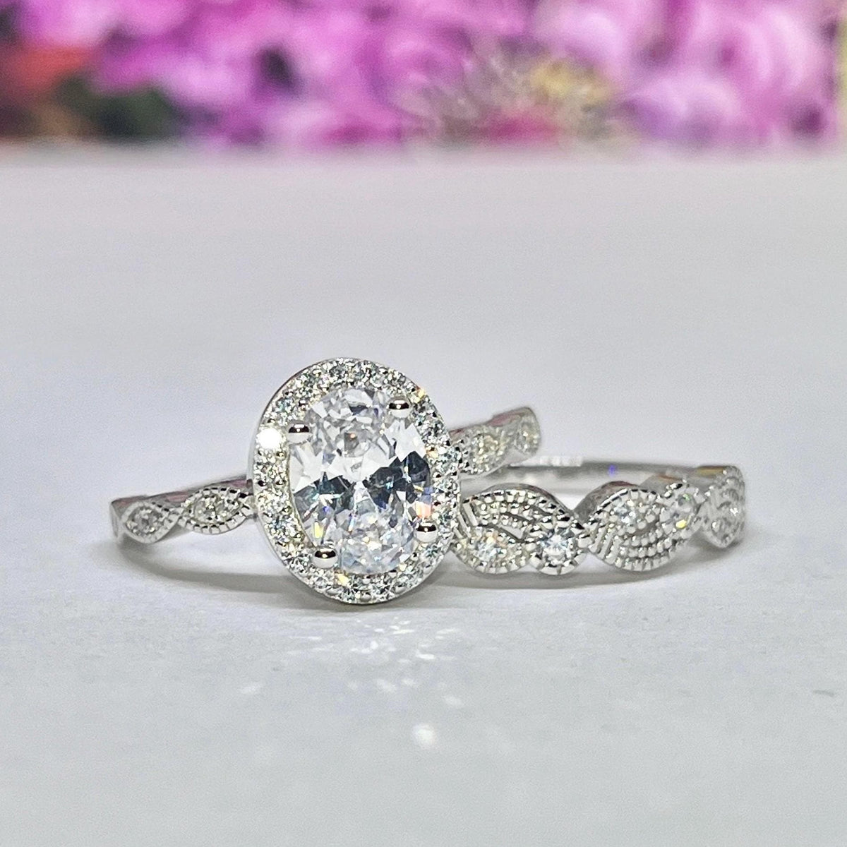 Oval Cut 1.5 Carat Moissanite Diamond Bridal Art Deco Style Engagement Wedding Ring Set