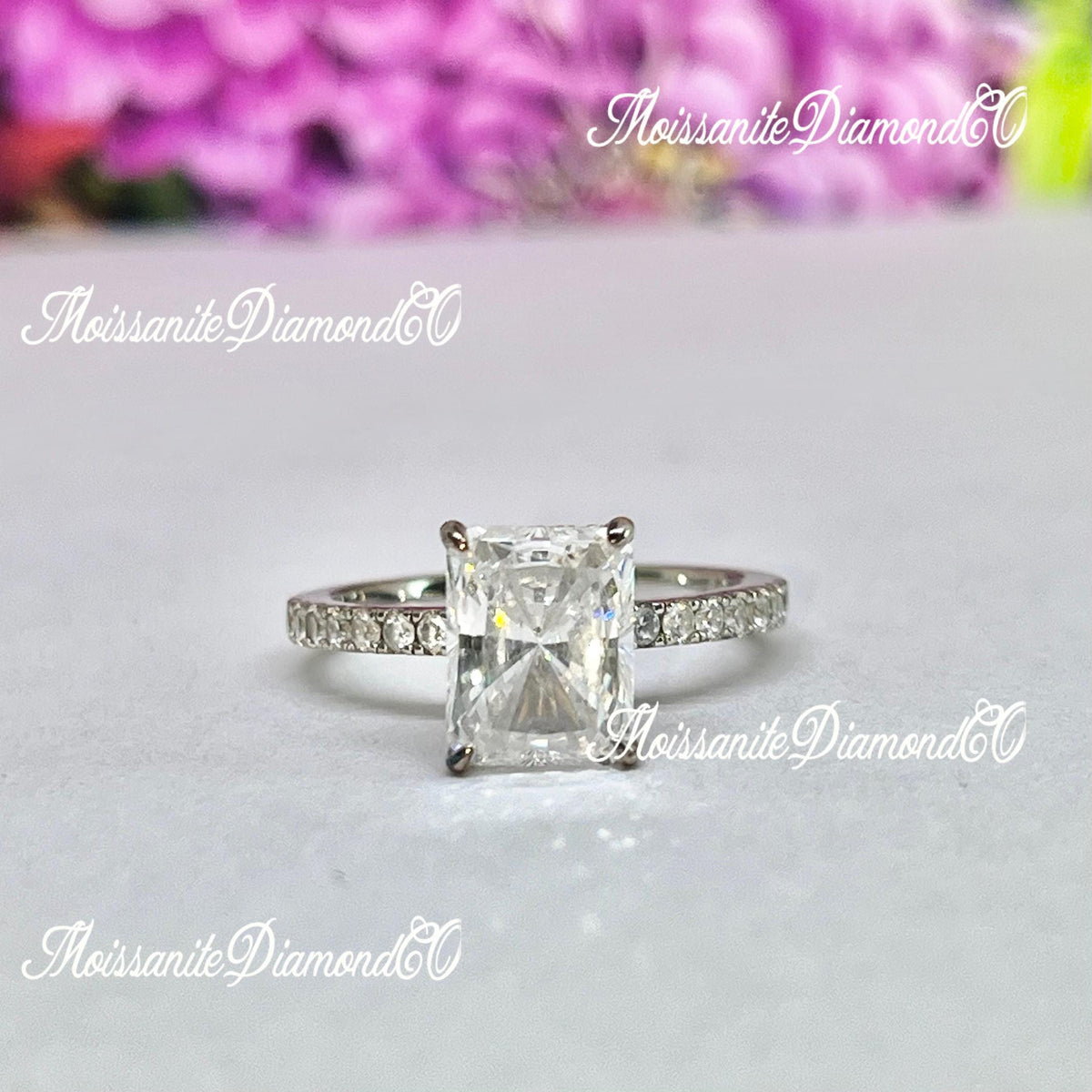 Radiant Cut 3 Carat Moissanite Ring: Sterling Silver