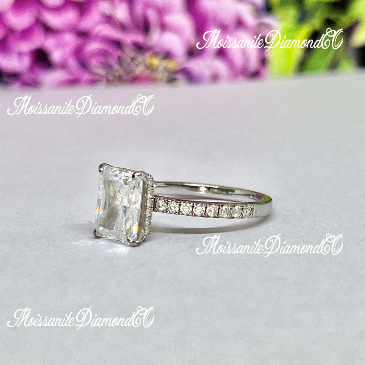Radiant Cut 3 Carat Moissanite Ring: Sterling Silver
