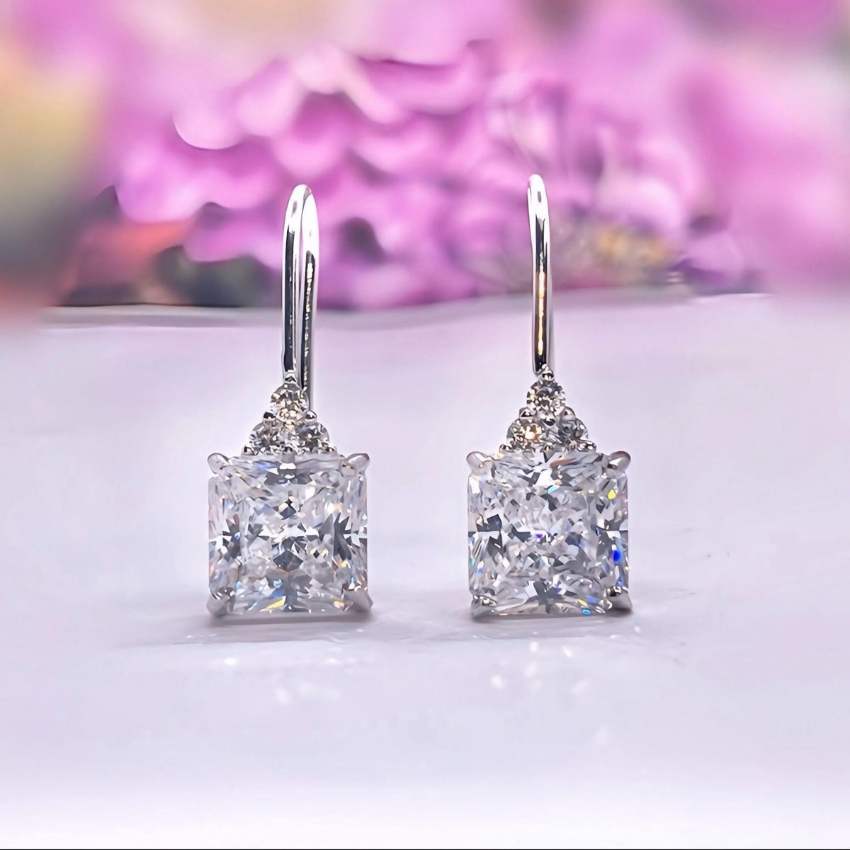 Square Cut Moissanite Dangle Drop Earrings 2 Ct: 925 Sterling Silver