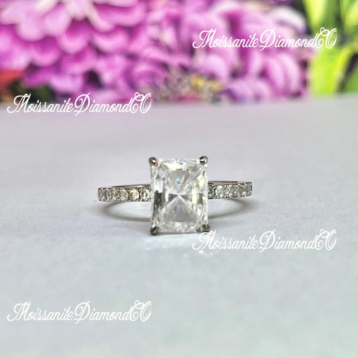 Radiant Cut 3 Carat Moissanite Ring: Sterling Silver