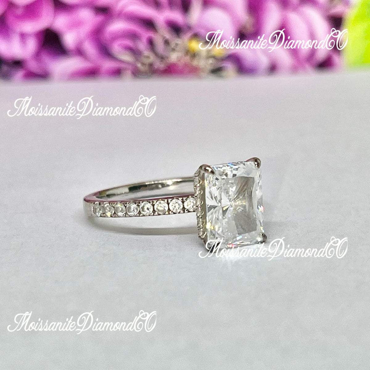Radiant Cut 3 Carat Moissanite Ring: Sterling Silver