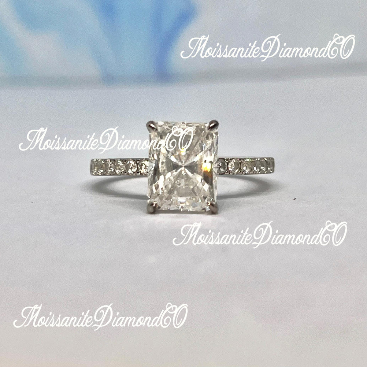 Radiant Cut 3 Carat White Sapphire Ring: Sterling Silver