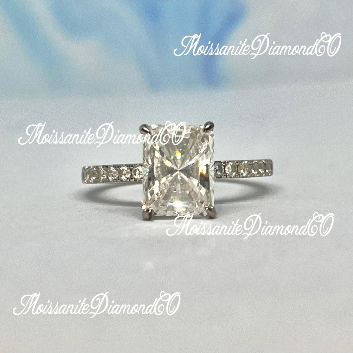 Radiant Cut 3 Carat White Sapphire Ring: Sterling Silver