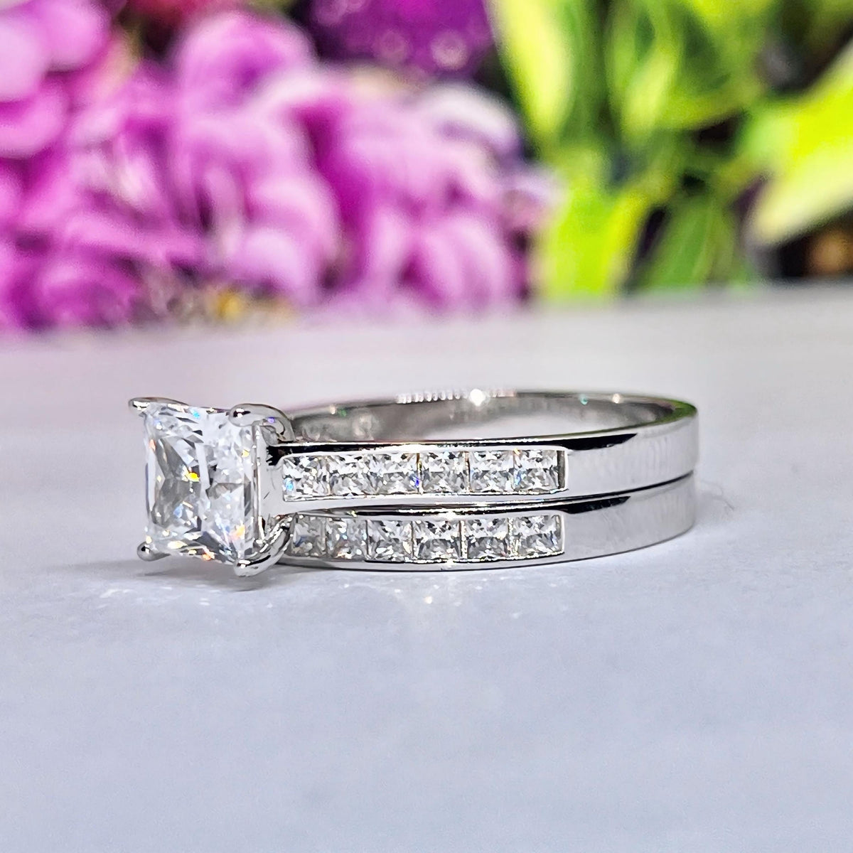 Princess Cut 2 CT Moissanite Channel Ring Set: 925 Sterling Silver
