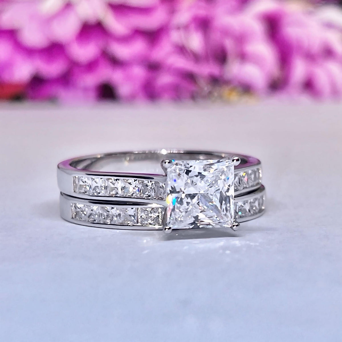 Princess Cut 2 CT Moissanite Channel Ring Set: 925 Sterling Silver