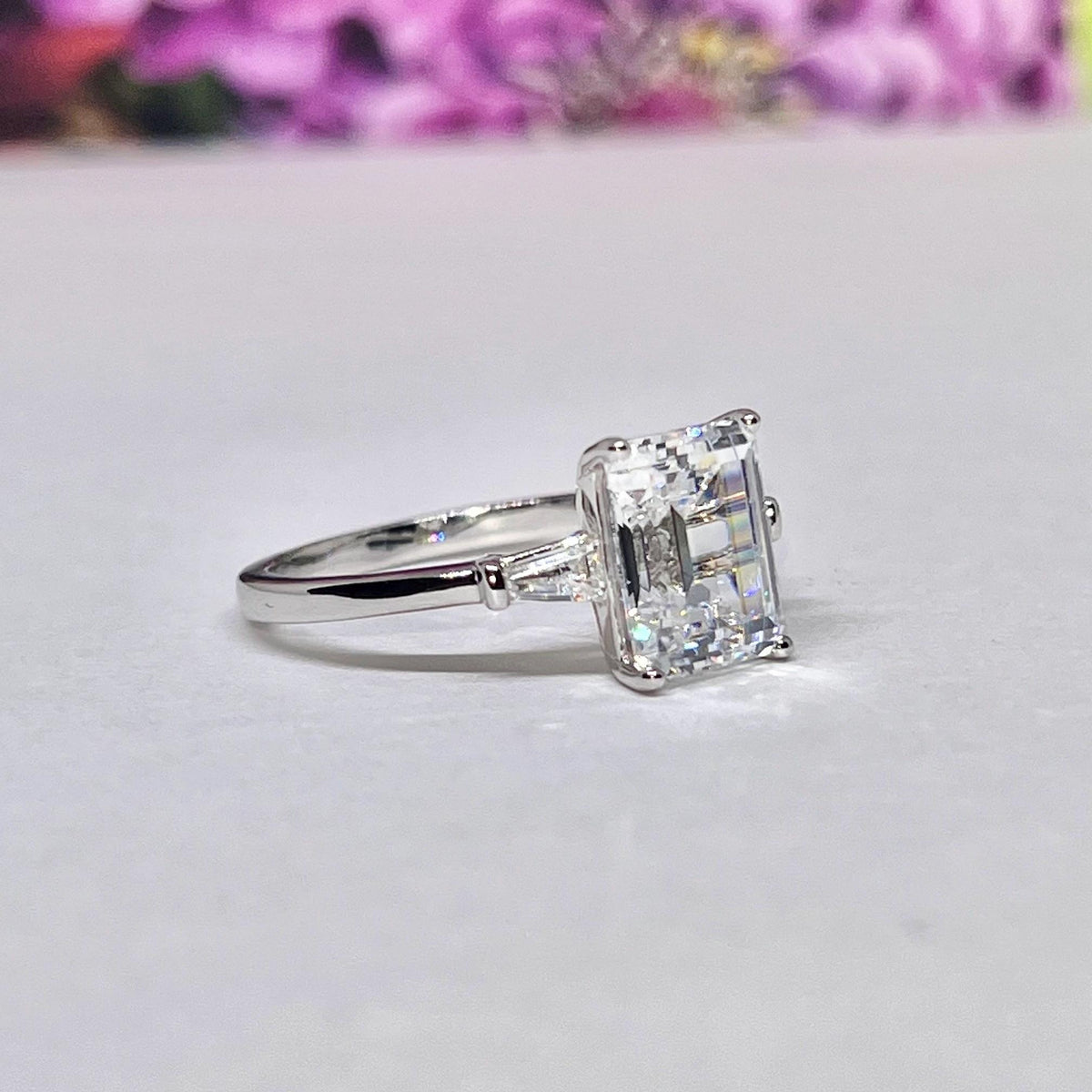 Radiant Cut 3 Carat Moissanite Three Stone Engagement Silver Ring