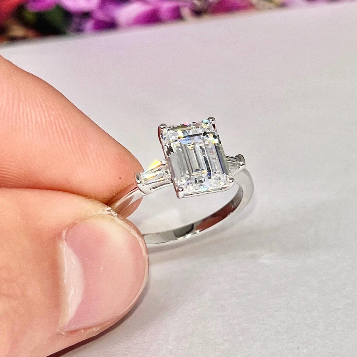 Radiant Cut 3 Carat Moissanite Three Stone Engagement Silver Ring