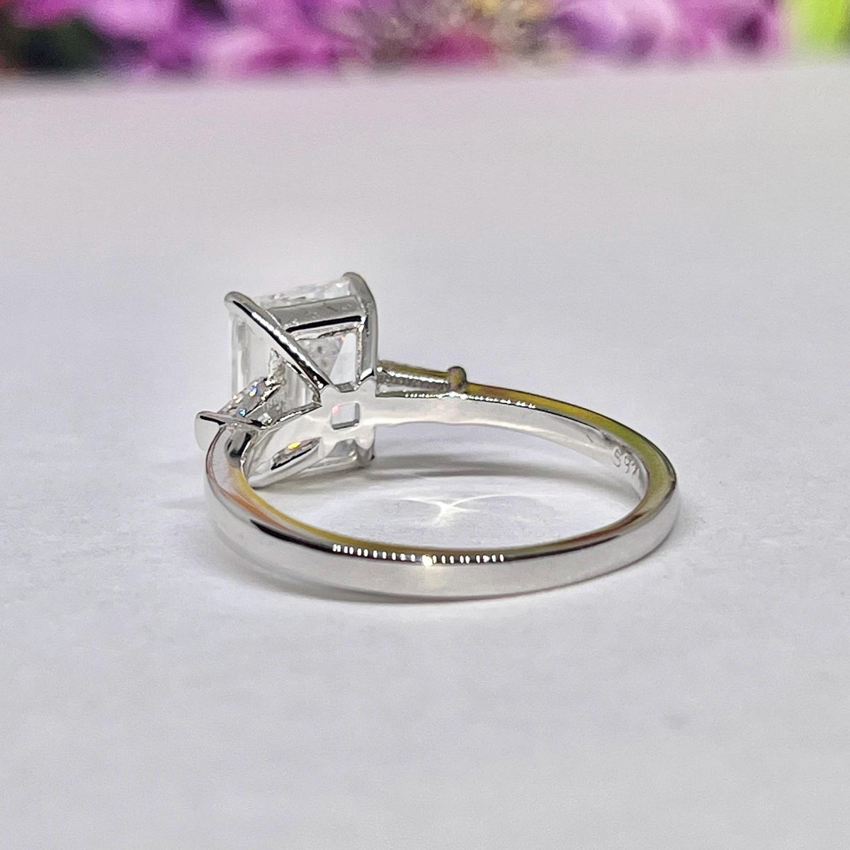 Radiant Cut 3 Carat Moissanite Three Stone Engagement Silver Ring