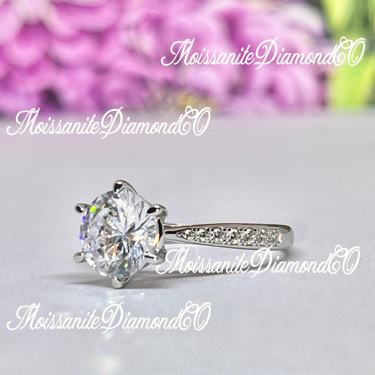 Round Cut 2 Carat Moissanite Engagement Ring: 925 Sterling Silver