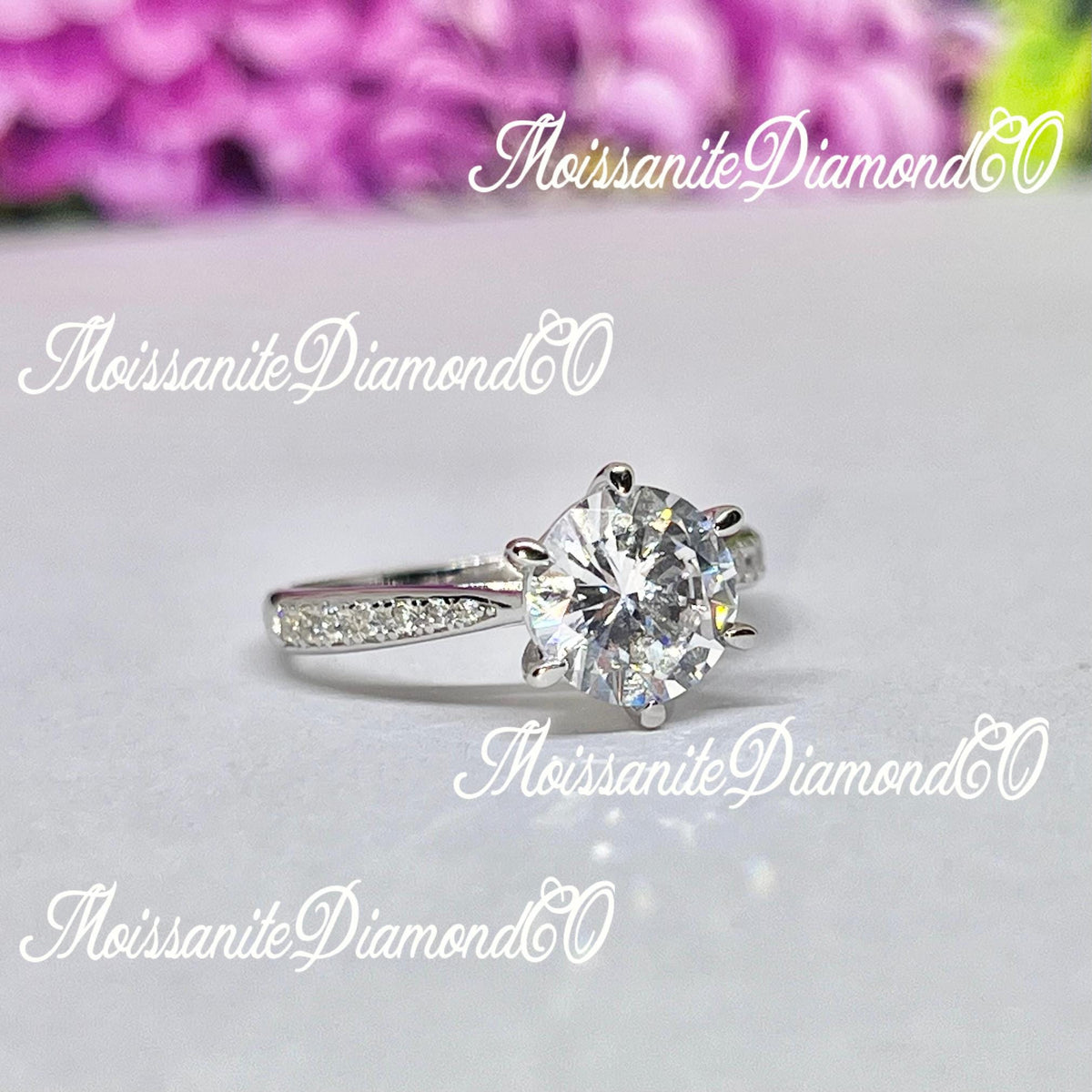 Round Cut 2 Carat Moissanite Engagement Ring: 925 Sterling Silver
