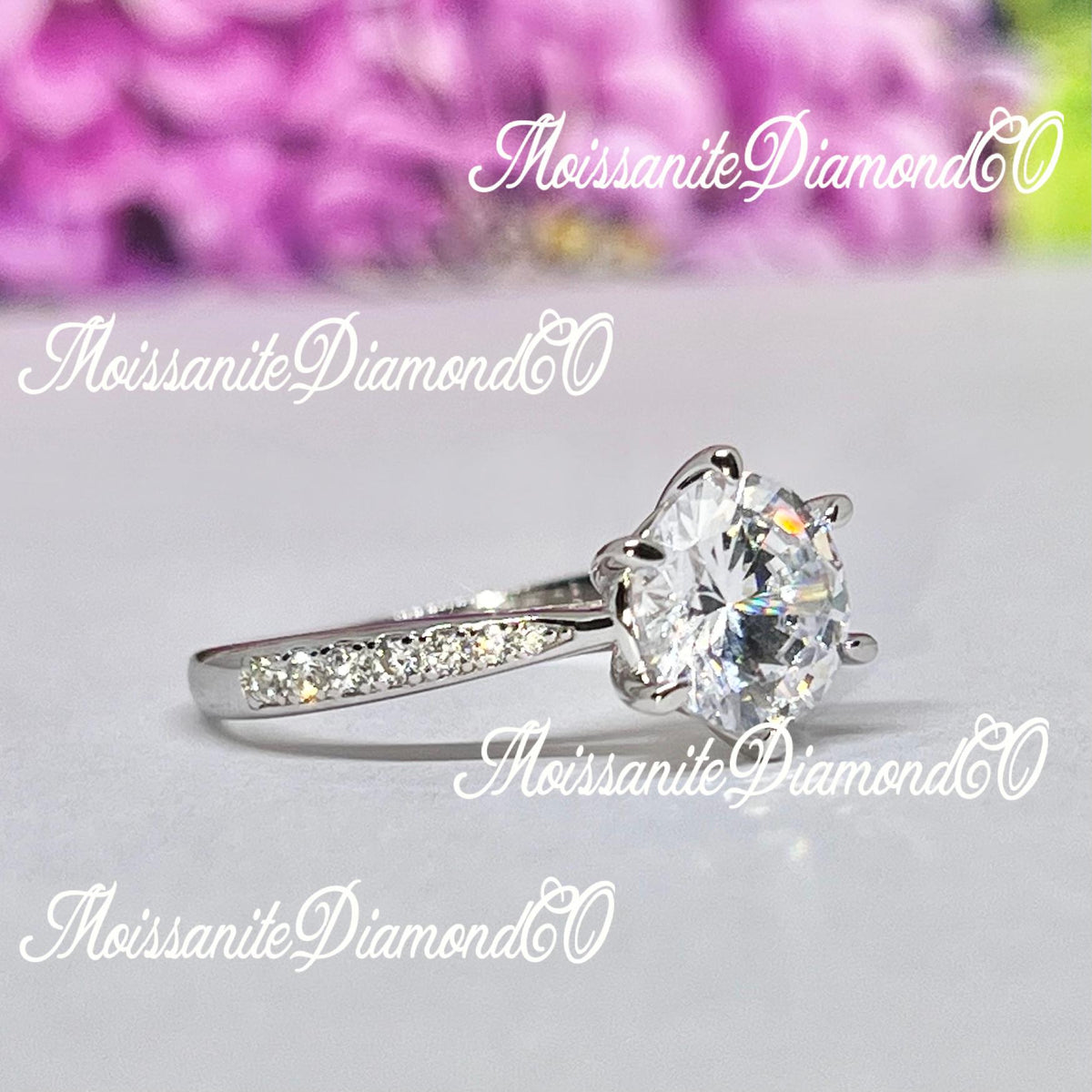 Round Cut 2 Carat Moissanite Engagement Ring: 925 Sterling Silver