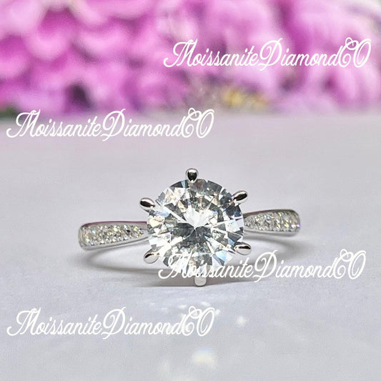 Round Cut 2 Carat Moissanite Engagement Ring: 925 Sterling Silver