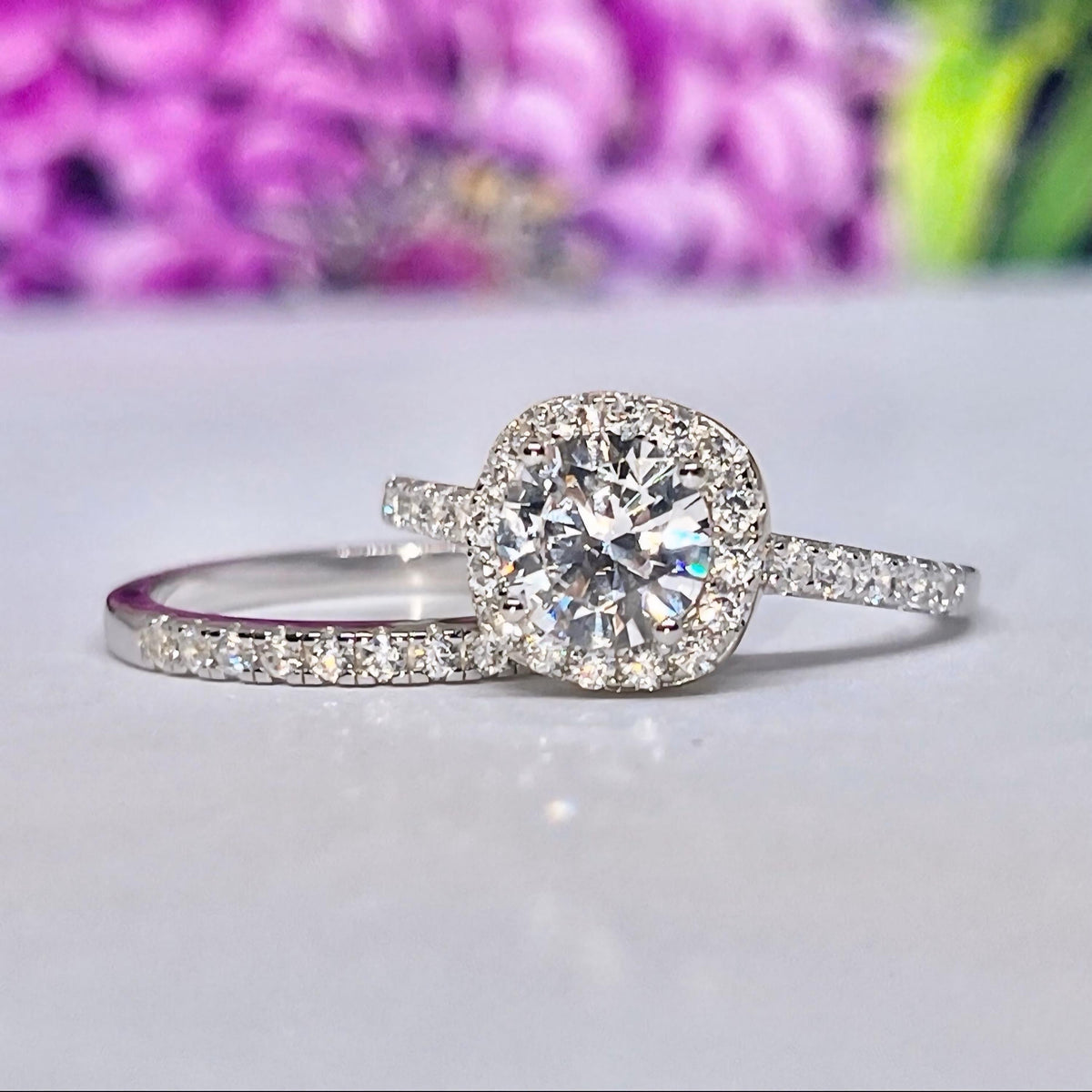 Cushion Cut 2 Carat Moissanite Engagement Ring Set: 925 Sterling Silver