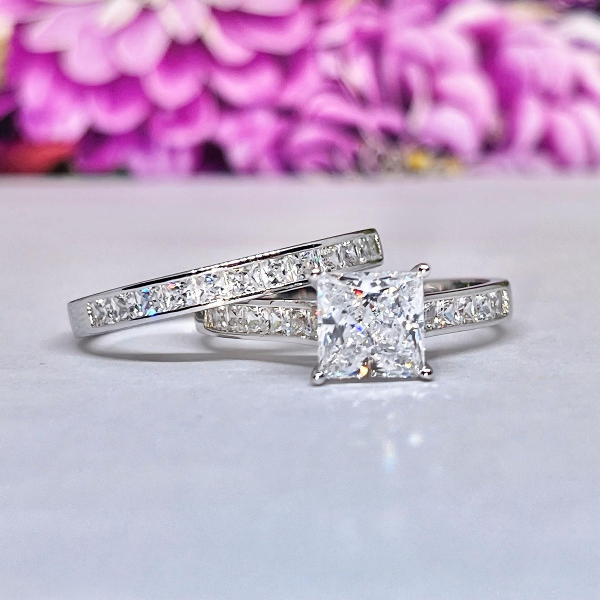 Princess Cut 2 CT Moissanite Channel Ring Set: 925 Sterling Silver