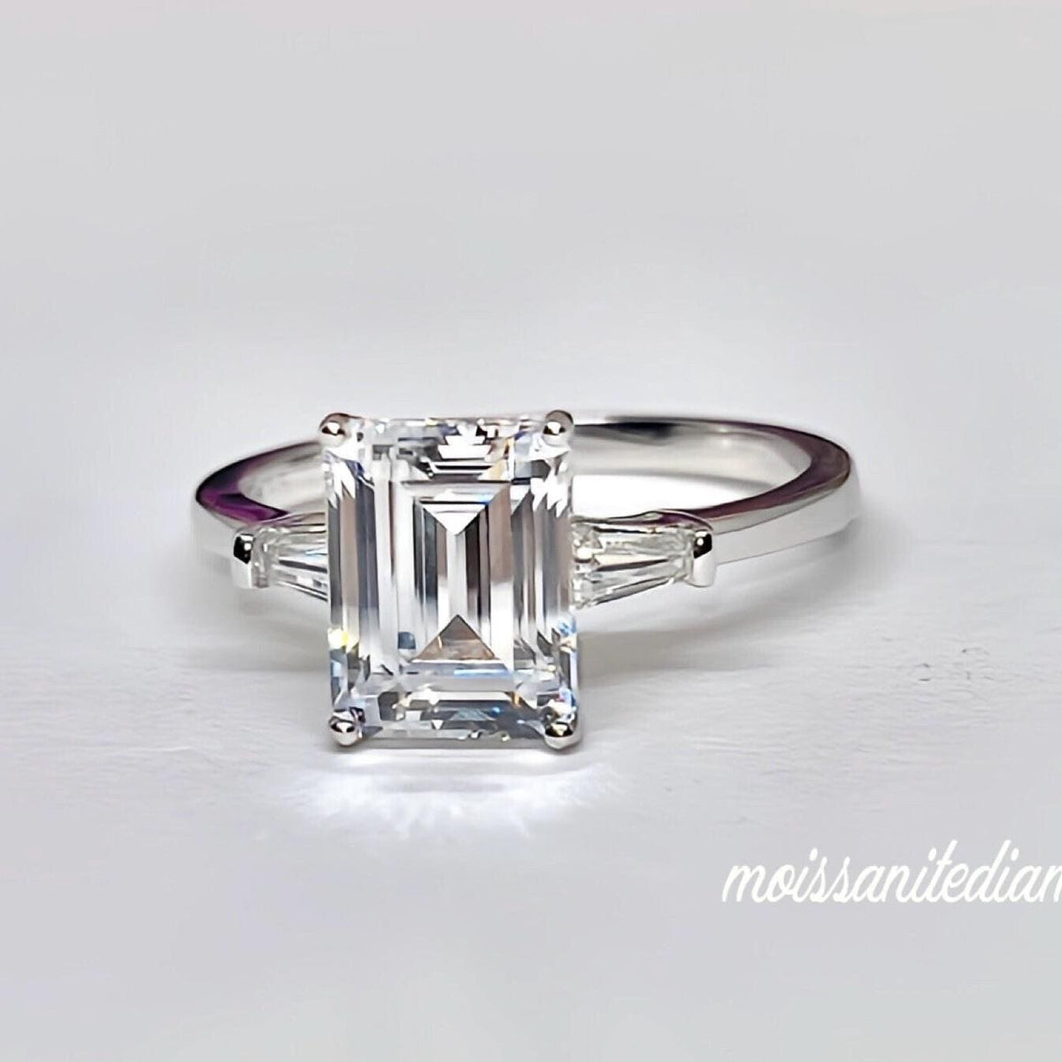 Radiant Cut 3 Carat Moissanite Three Stone Engagement Silver Ring