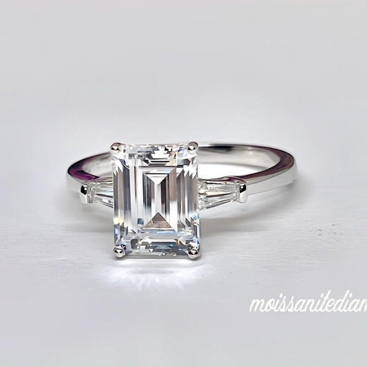 Radiant Cut 3 Carat Moissanite Three Stone Engagement Silver Ring