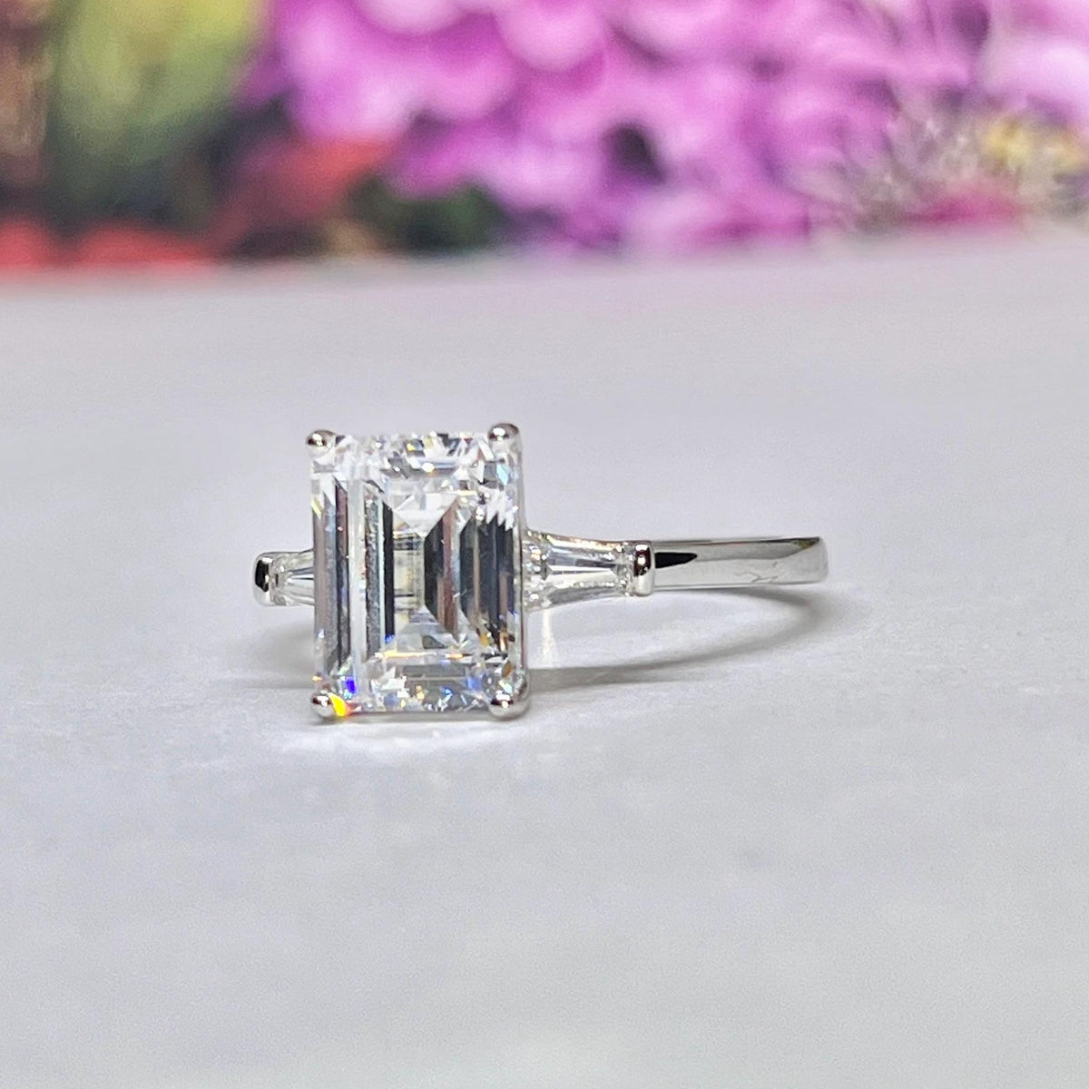 Radiant Cut 3 Carat Moissanite Three Stone Engagement Silver Ring