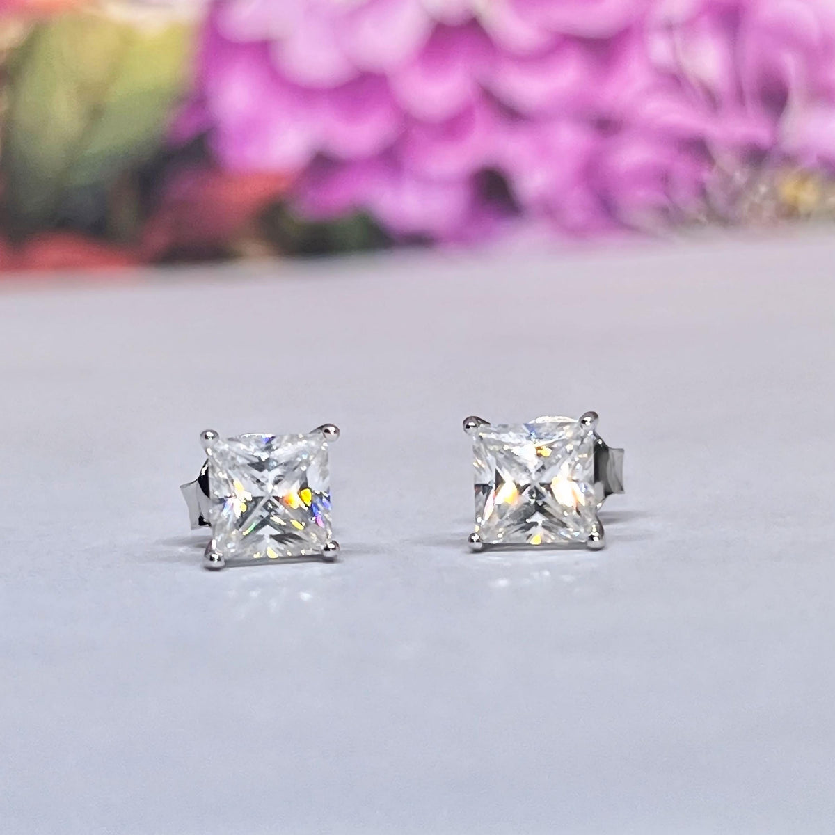 Square Cut Moissanite Stud Earrings: 925 Sterling Silver