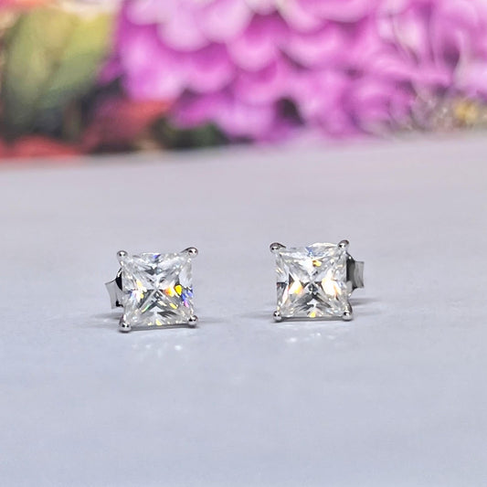 Square Cut Moissanite Stud Earrings: 925 Sterling Silver