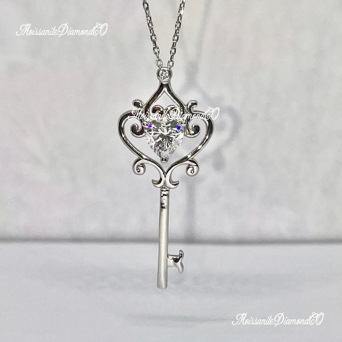 Vintage Style Heart Moissanite Key Pendant: 925 Sterling Silver Necklace