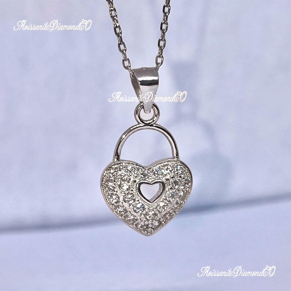 Love Heart Lock  Moissanite Diamond 925 Sterling Silver Pendant Necklace