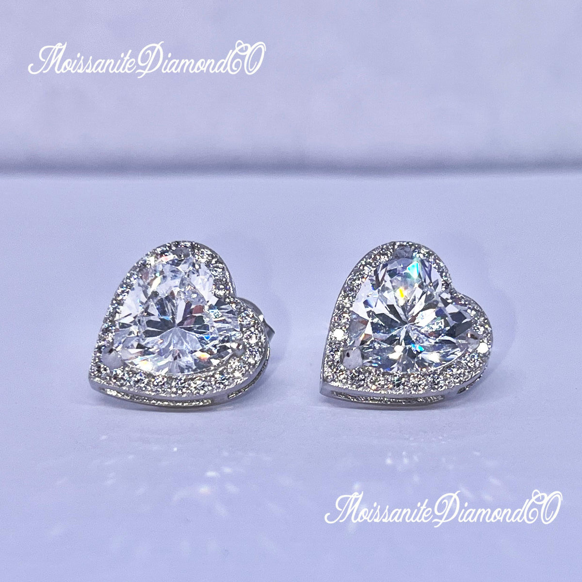 3 Carat Heart Moissanite Stud Earrings: 925 Sterling Silver