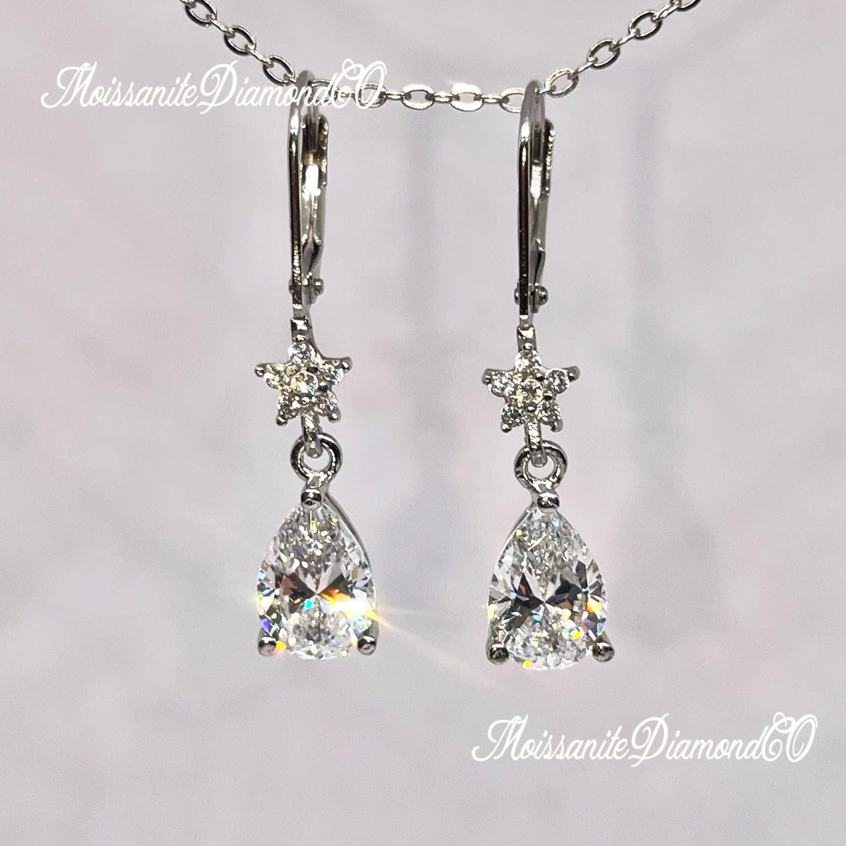 Pear Moissanite Earrings Dangle Drop : 925 Sterling Silver