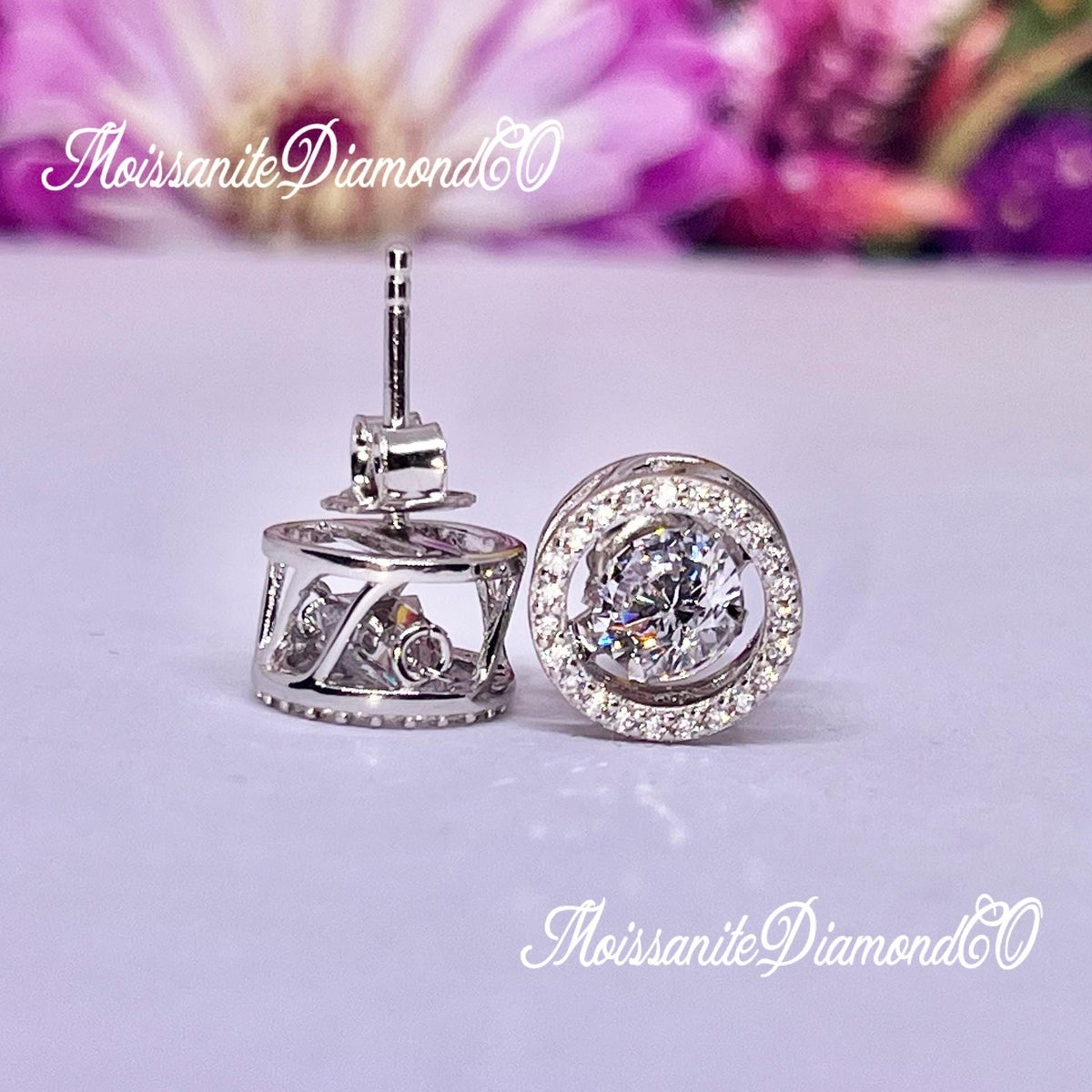 Halo Dancing Moissanite Stud Earrings: 925 Sterling Silver, Bridal Gift