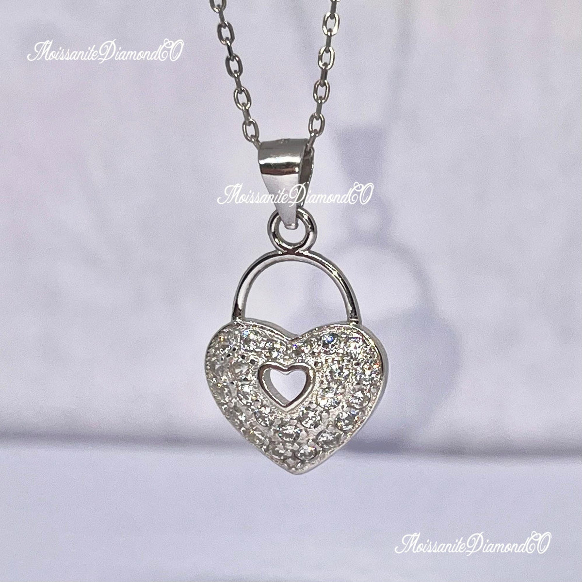 Love Heart Lock  Moissanite Diamond 925 Sterling Silver Pendant Necklace