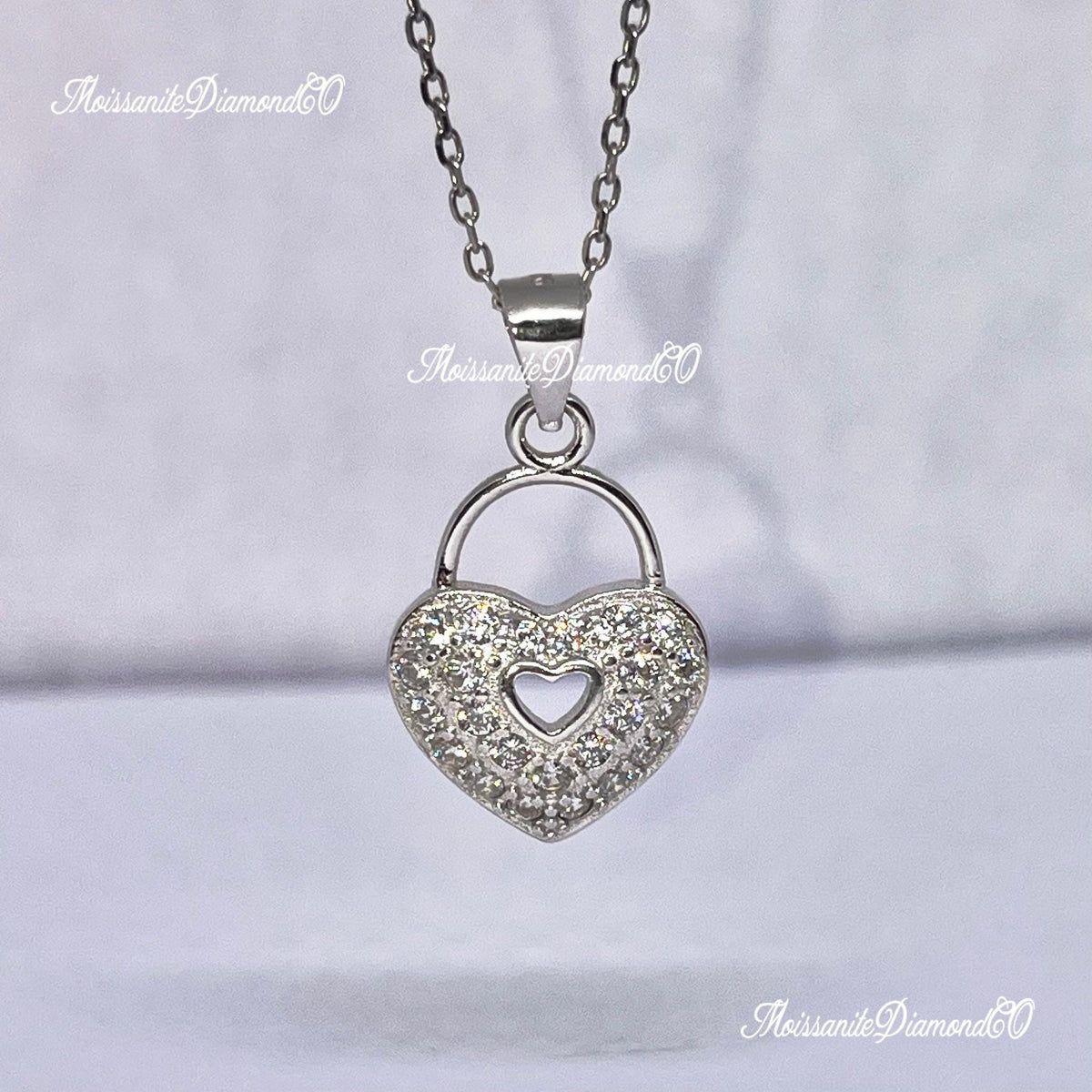 Love Heart Lock  Moissanite Diamond 925 Sterling Silver Pendant Necklace