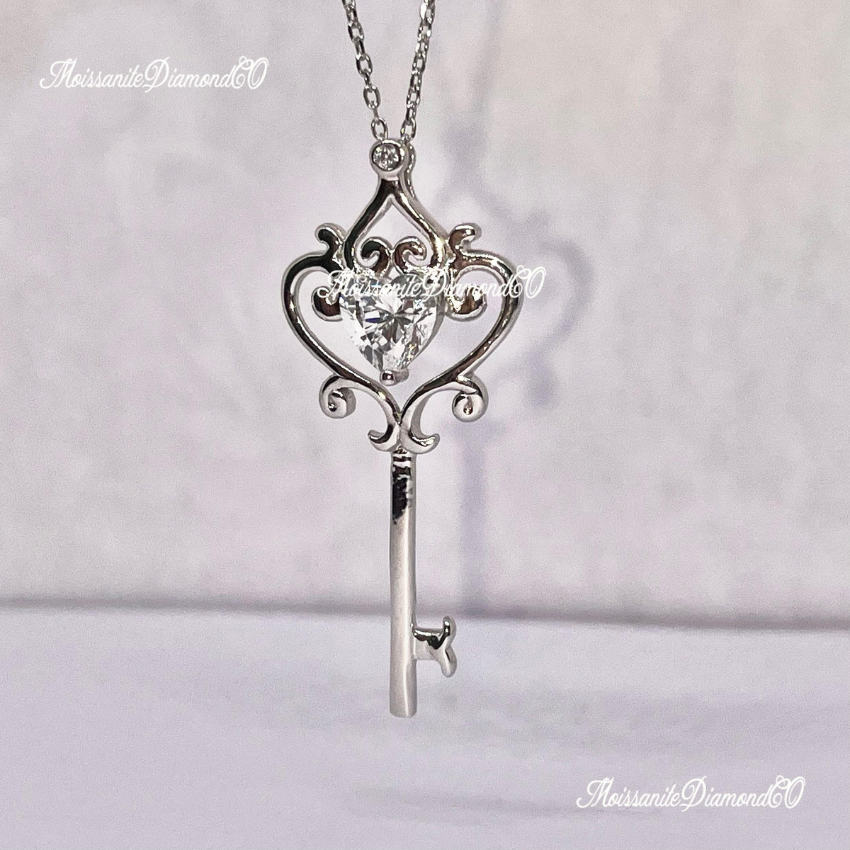 Vintage Style Heart Moissanite Key Pendant: 925 Sterling Silver Necklace