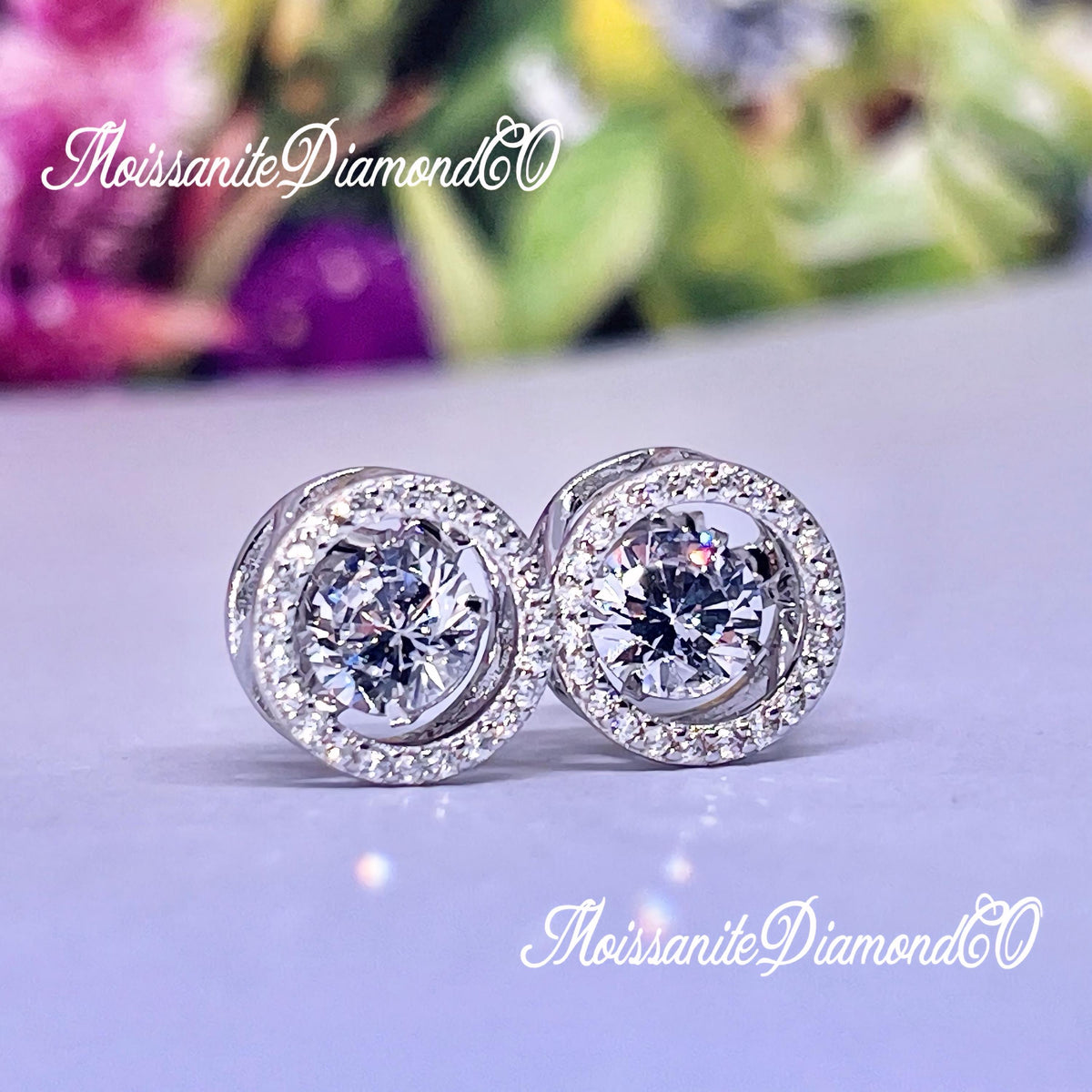 Halo Dancing Moissanite Stud Earrings: 925 Sterling Silver, Bridal Gift